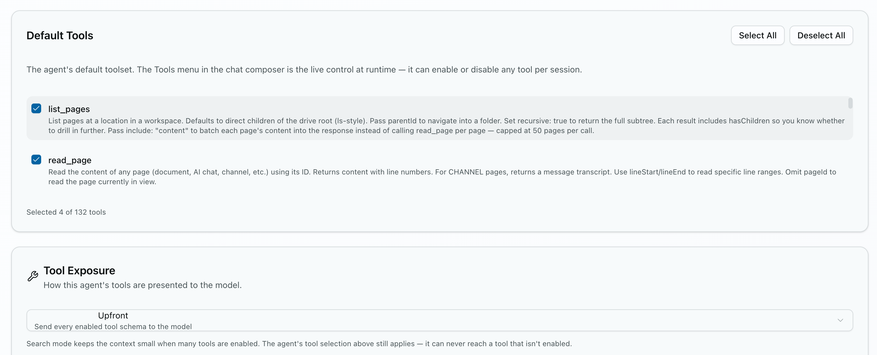 The agent's enabled tools, configured in PageSpace