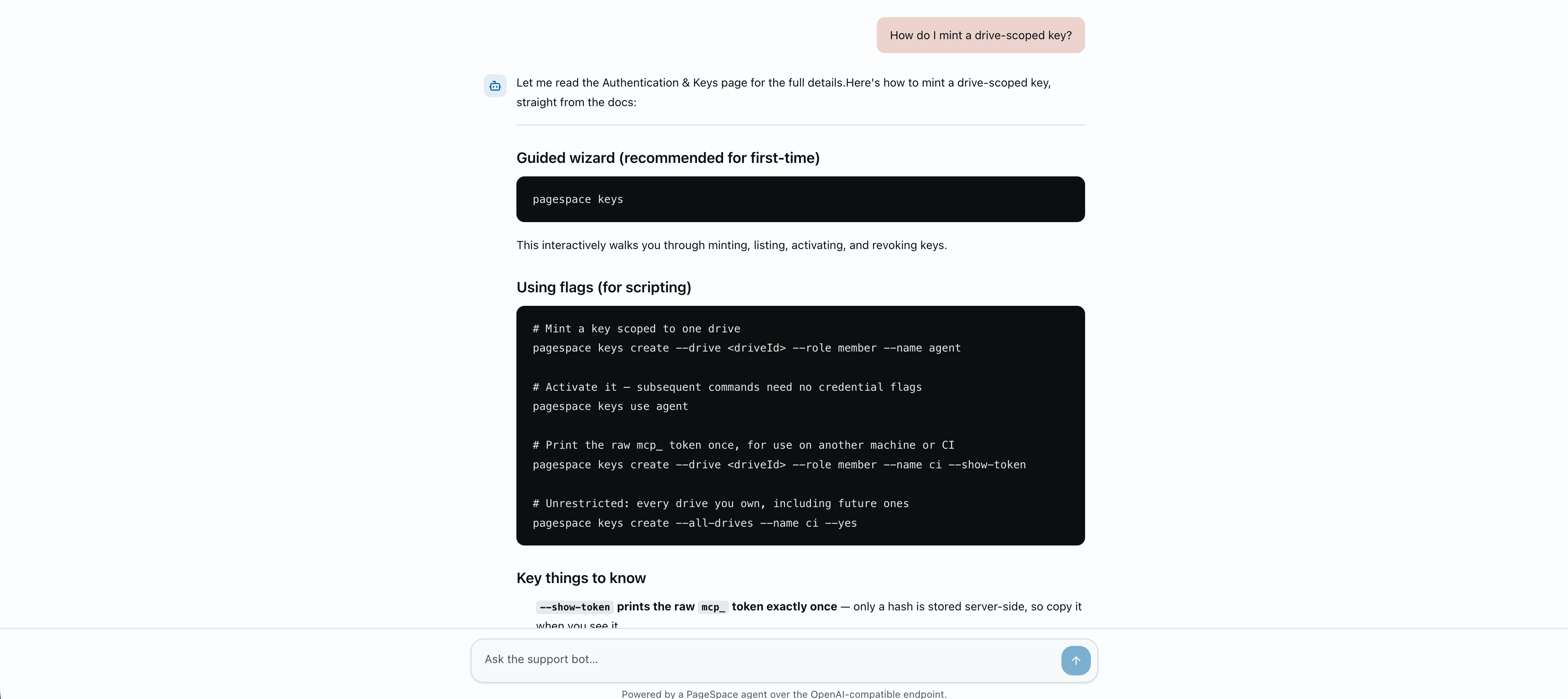 The support bot answering a question from the docs