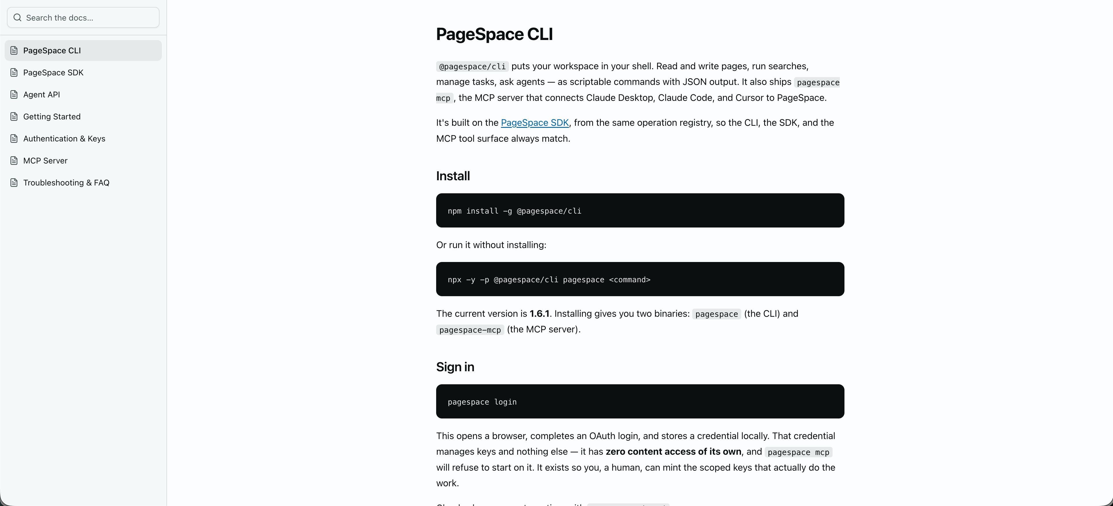 A browsable, searchable docs site built on the PageSpace SDK