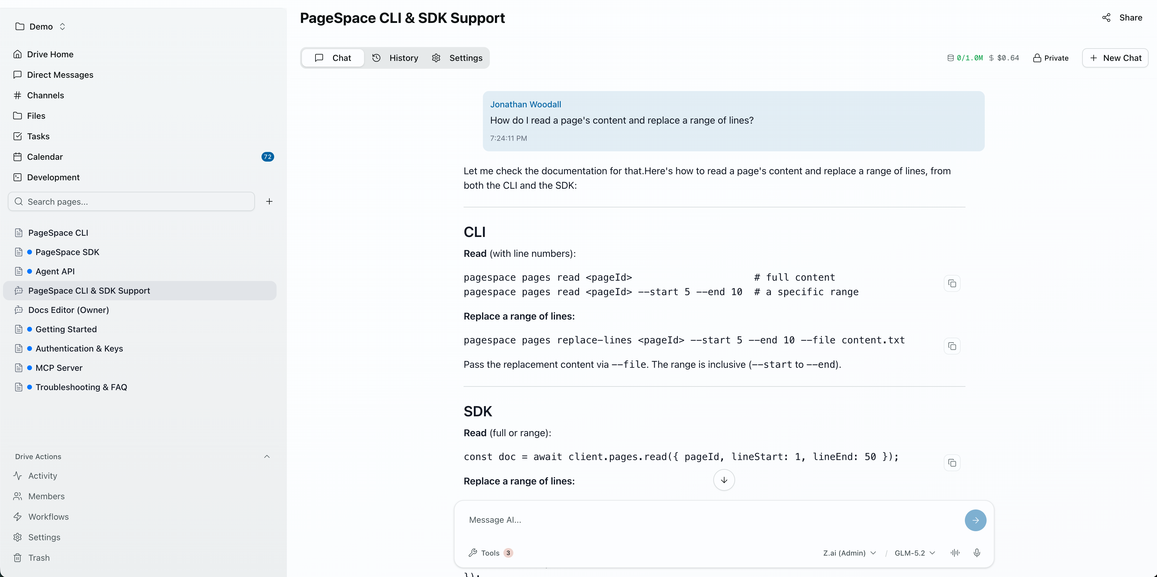 The same agent and its docs, managed natively inside PageSpace